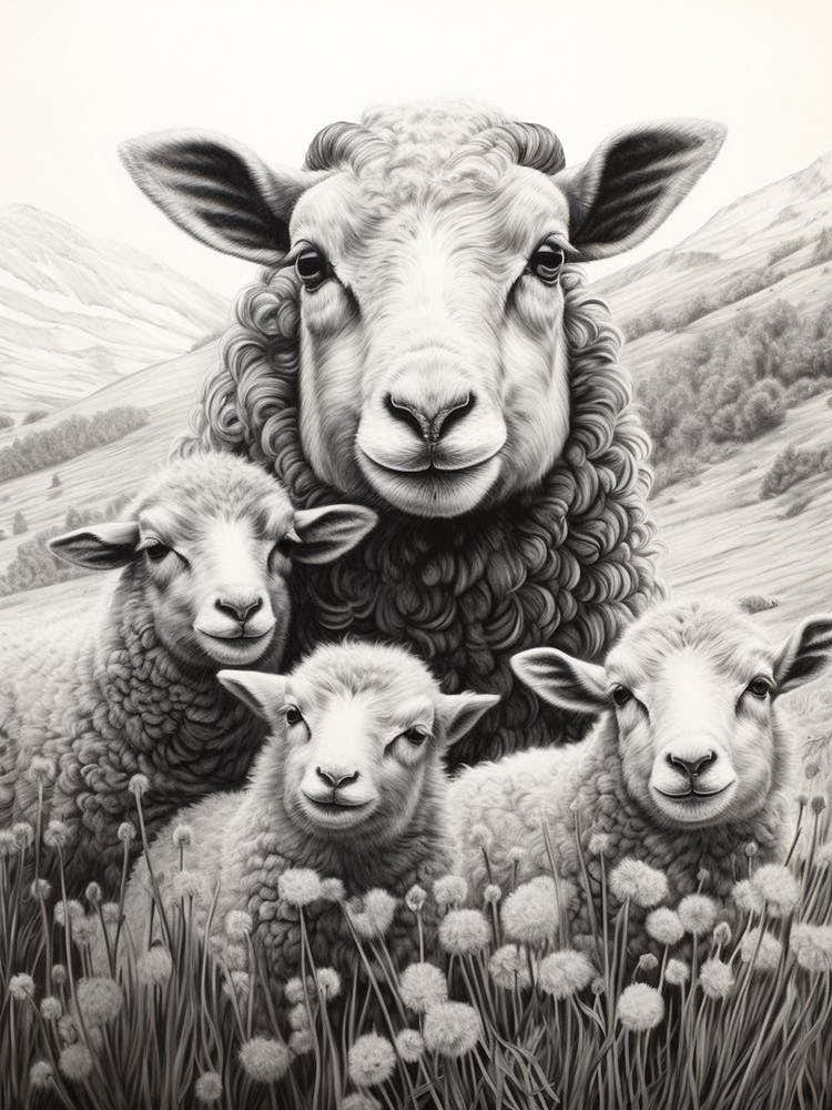 Black & White Illustration Of Highland Sheep With Lamb 1