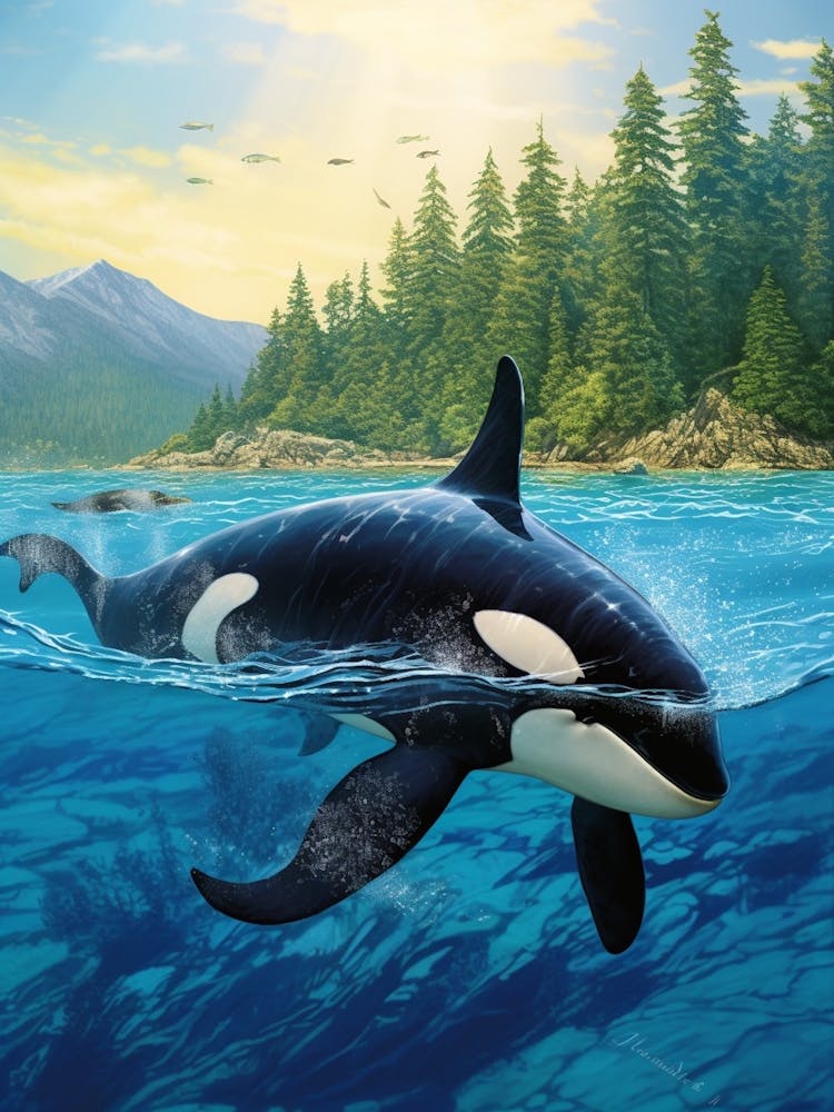 Realistic Illustration Of Orca Whale In Colour With Trees In The Background