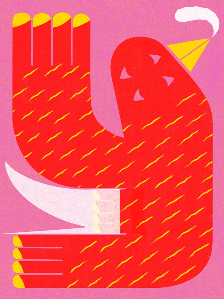 Red and yellow bird with white boots on pink risograph style