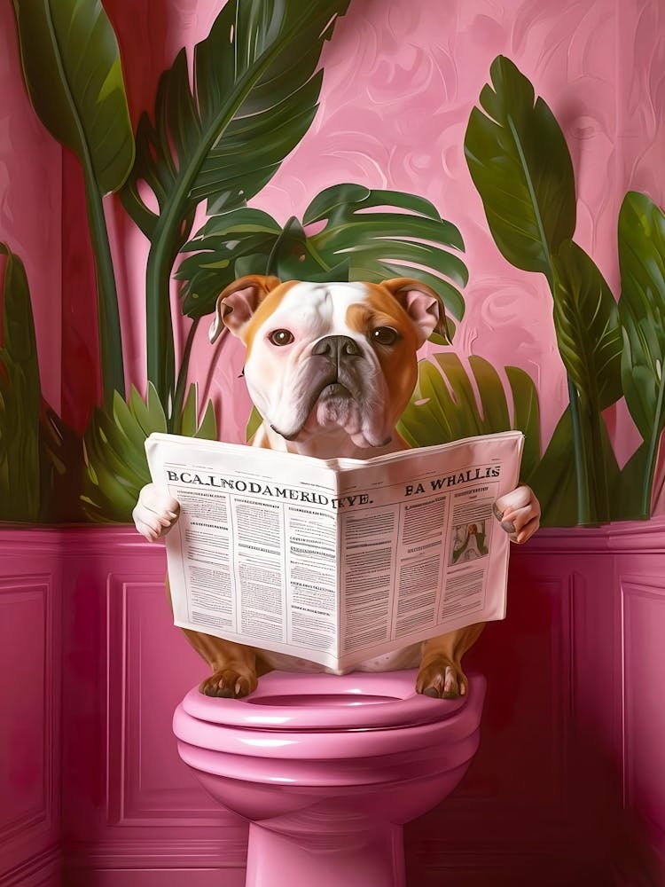 Bathroom American Bulldog Reading On Toilet Print, Bathroom Wall Art Dog On Toilet Funny Bathroom Decor Toilet Wall Art Funny Dog Print