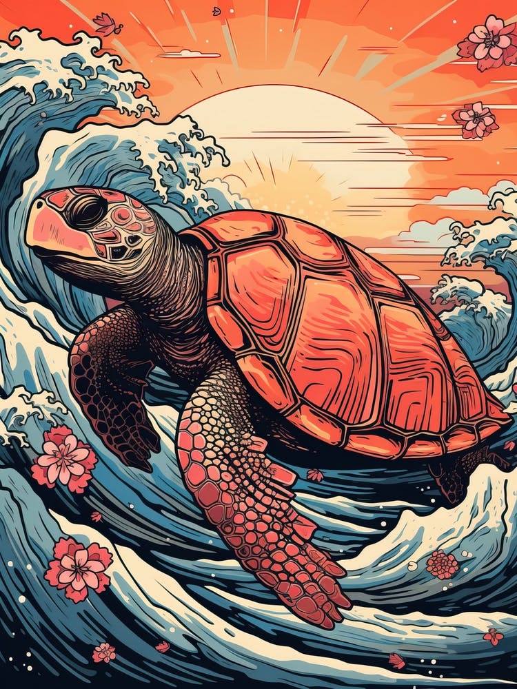Turtle Animal Drawing In The Style Of Ukiyo E 2