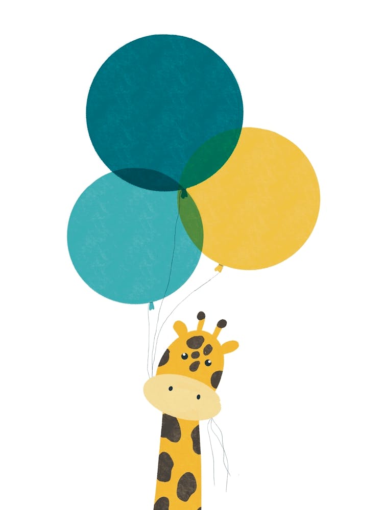 Giraffe With Teal and Yellow Balloons Nursery