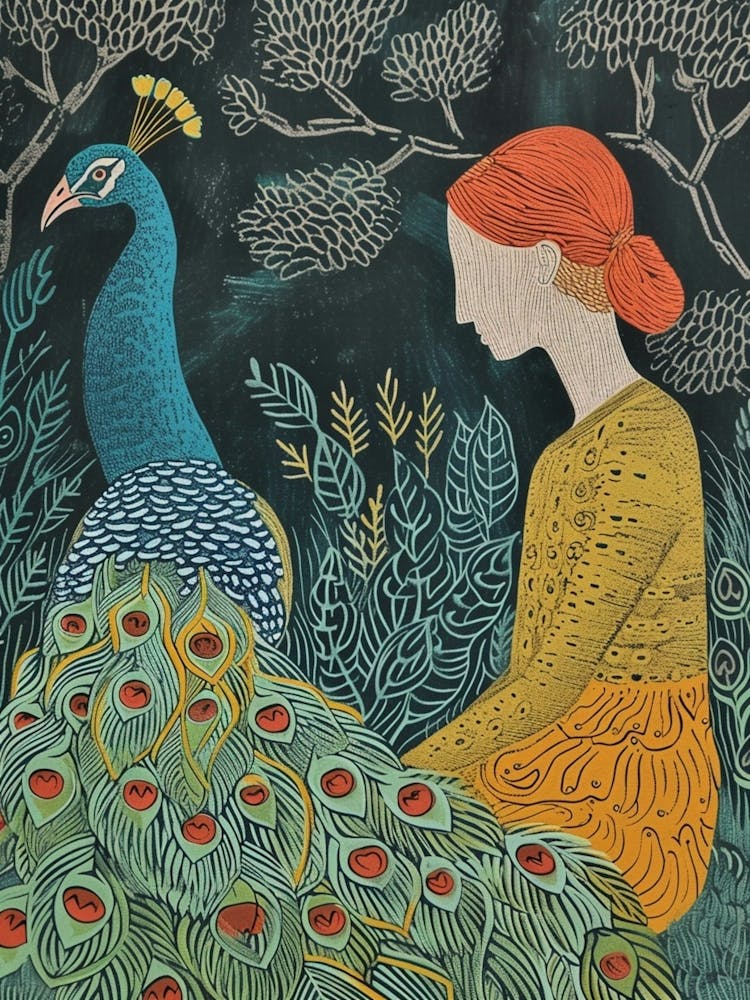 Linocut Inspired Blue Peacock With Red Hair Woman