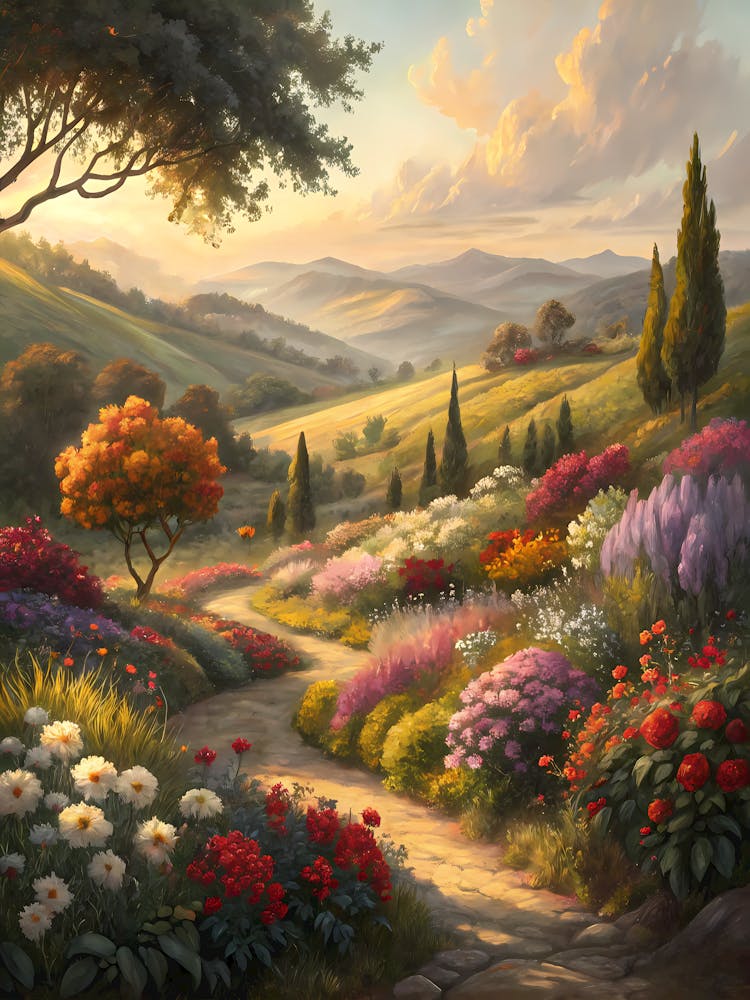 A Flower Garden Surrounded by Rolling Hills Oil Painting Style