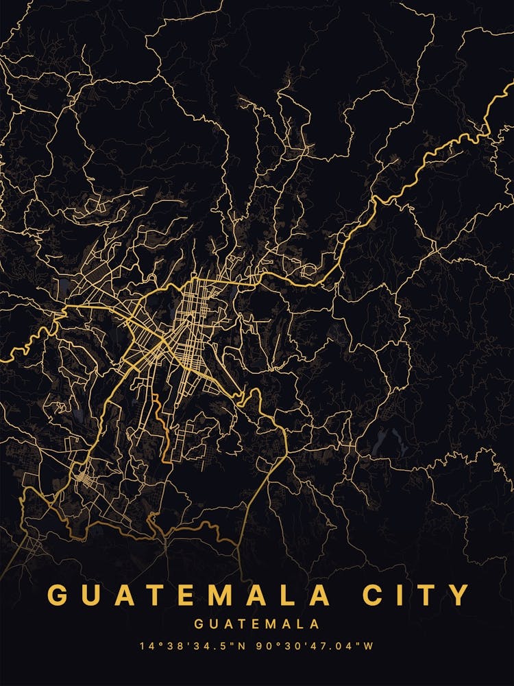 Guatemala City Guatemala Black And Gold Map