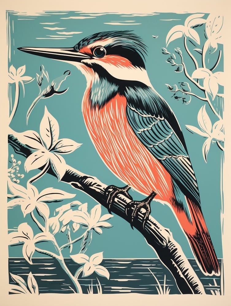 Vintage Bird Linocut Kingfisher 3