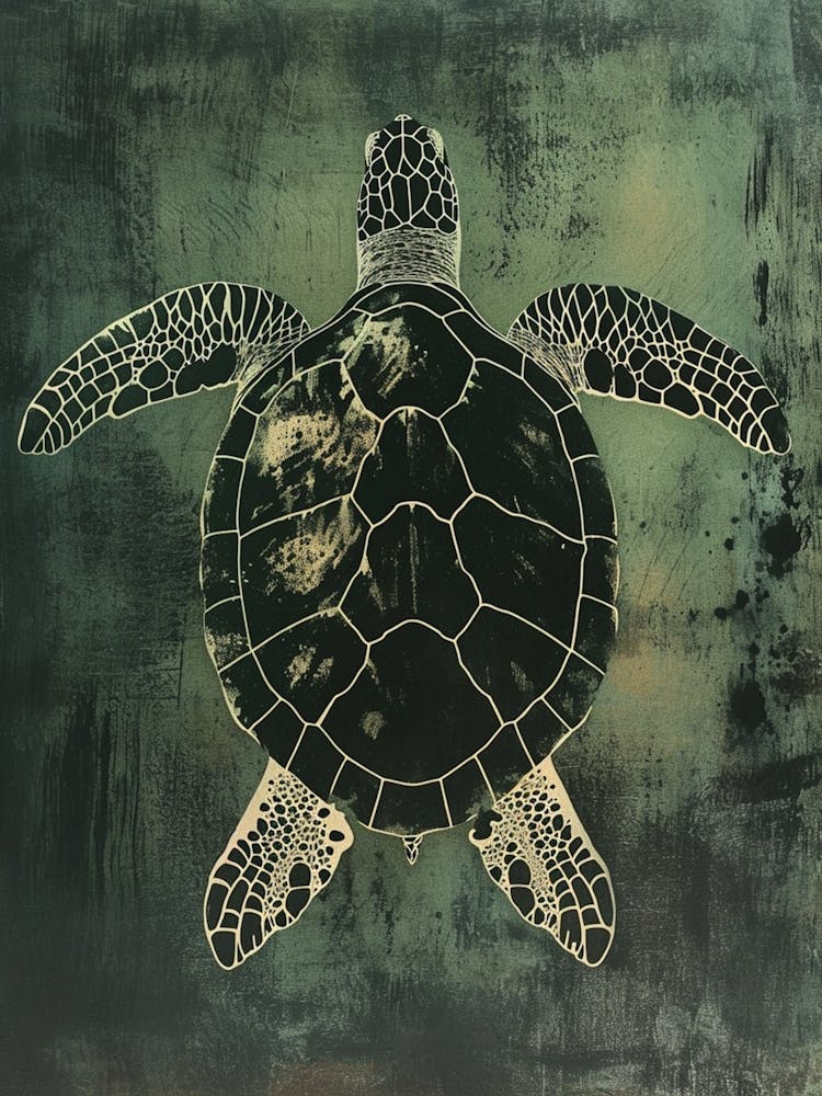 Dark Green Vintage Textured Sea Turtle 2
