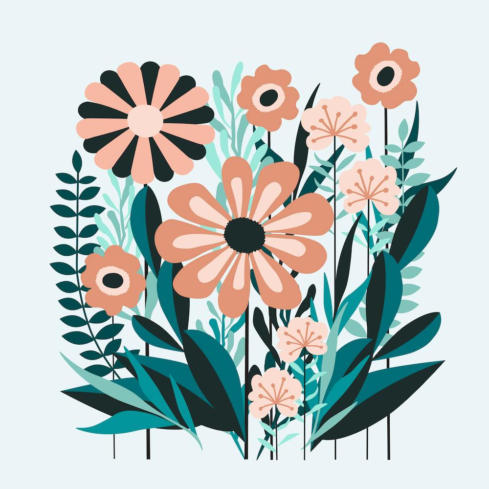 Mid Century Scandinavian Flowers Peach, Teal, Light Blue