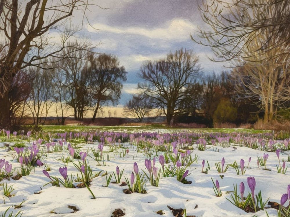 Erste Anzeichen des Frühlings - Lila Krokus in Schneelandschaft