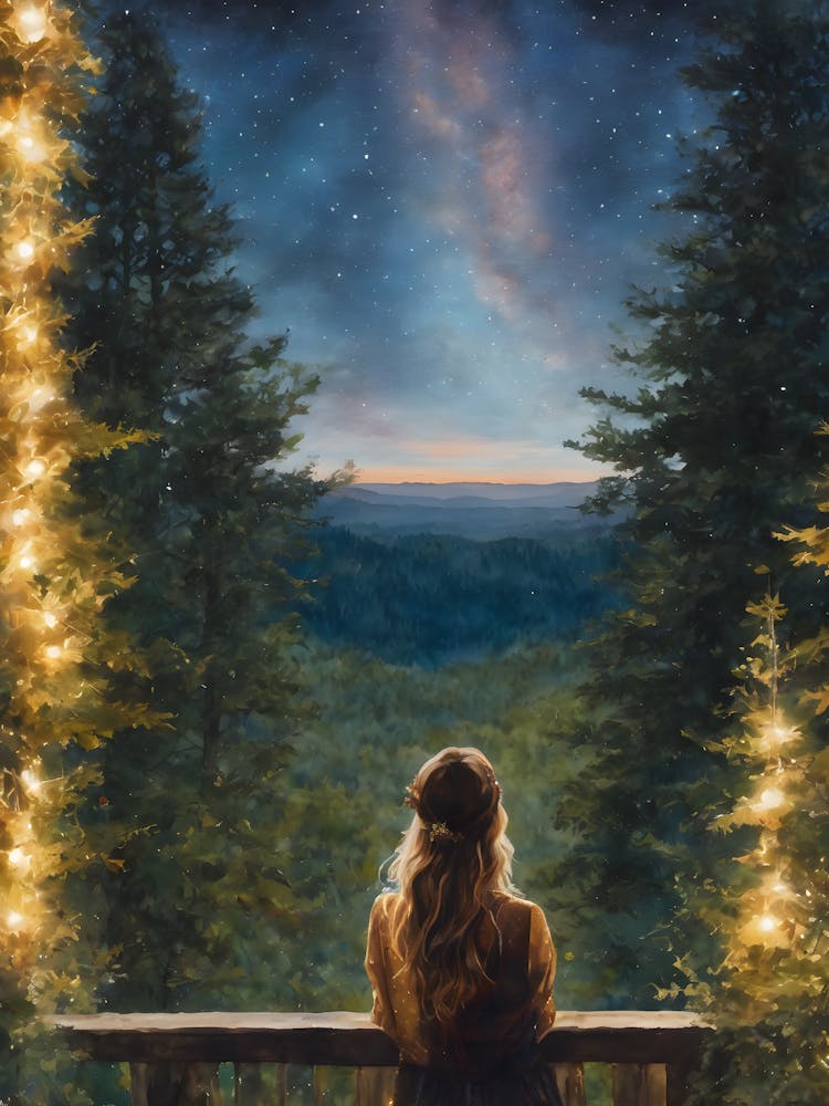 Dreaming of the Stars - A Beautiful Young Woman Leaning on the Porch Looking up at the Starry Night - Magical Dreamscape Watercolor Fir Trees Enchanting Milky Way Romantic Dreamer HD
