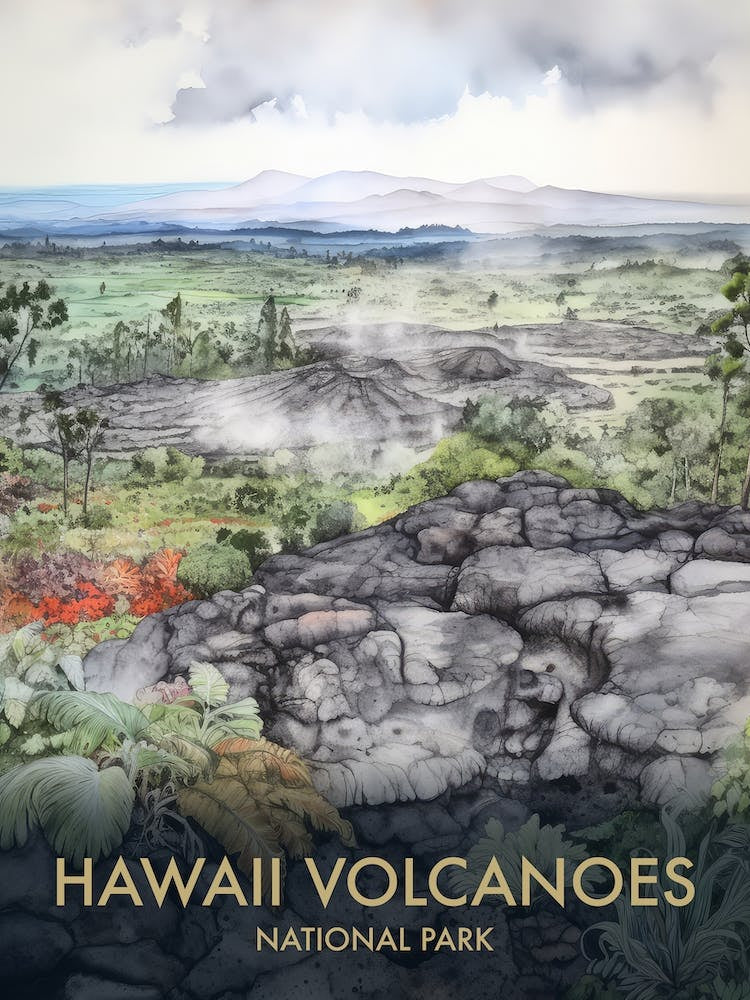 Hawaii Volcanoes National Park Watercolour Vintage Travel Poster 3