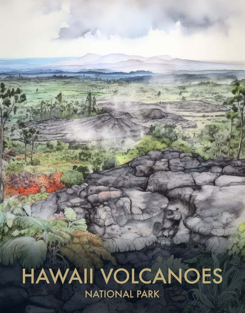 Hawaii Volcanoes National Park Watercolour Vintage Travel Poster 3