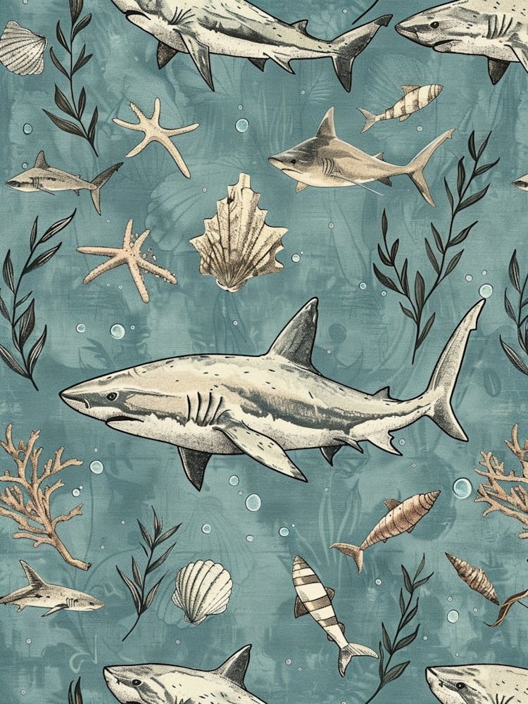 Pastel Blue Nurse Shark Watercolour Seascape Pattern 2