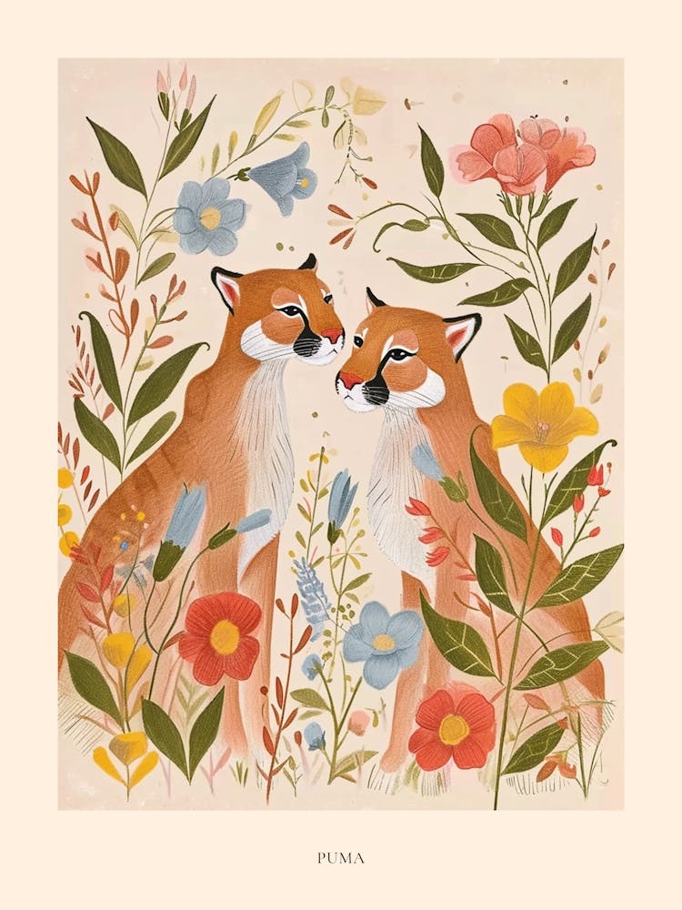 Folksy Floral Animal Drawing Puma 3 Poster