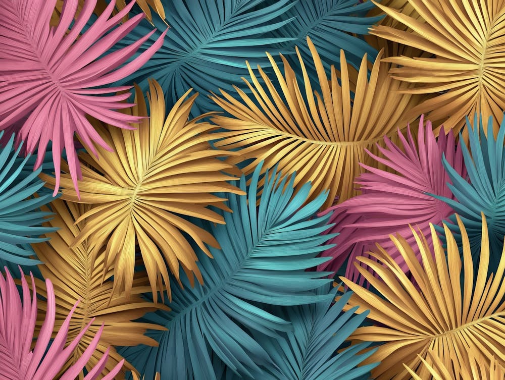 Tropical Colorful Textured Palm Leaves, Golden, Pink, Green