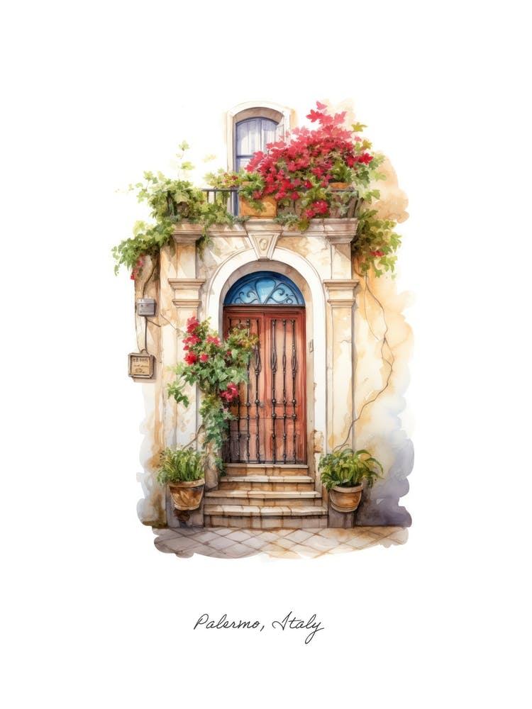 Palermo, Italy   Mediterranean Doors Watercolour Painting 1 Poster