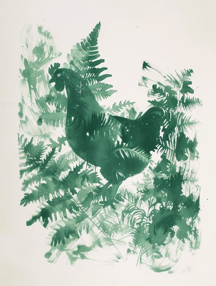 Green Ink Painting Of A Hen And Chicken Fern 1