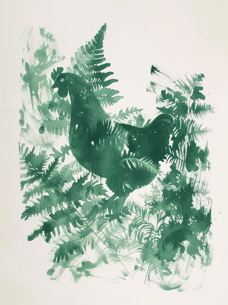 Green Ink Painting Of A Hen And Chicken Fern 1
