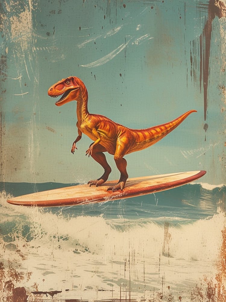 Vintage Dilophosaurus Dinosaur On A Surf Board 1