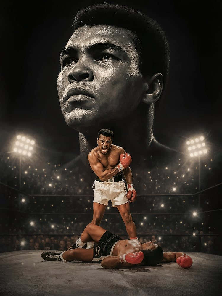 Muhammad Ali - The Greatest of all Time: Celebrate the legend of Muhammad Ali with this powerful black and white poster capturing his iconic knockout of Sonny Liston. A timeless tribute to the GOAT of boxing — blending fitness, victory, and raw inspiratio