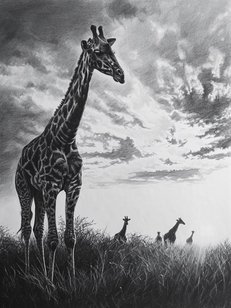Herd Of Giraffes In The Sun Pencil Drawing 1