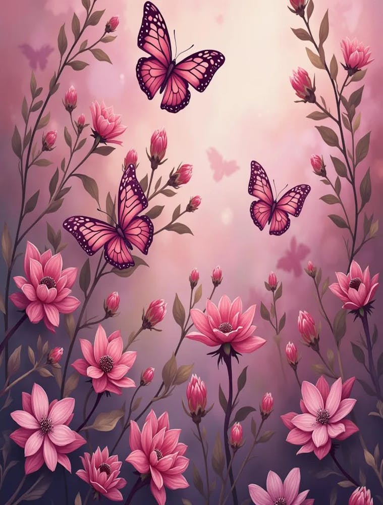 Pink Flowers With Butterflies