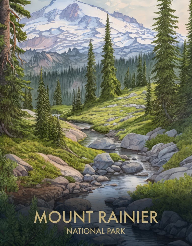 Mount Rainier National Park Watercolour Vintage Travel Poster 4