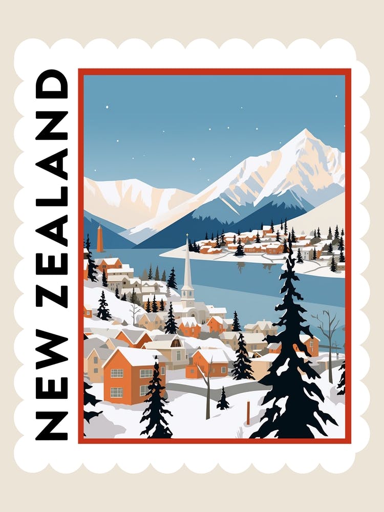 Retro Winter Stamp Poster Queenstown New Zealand 3