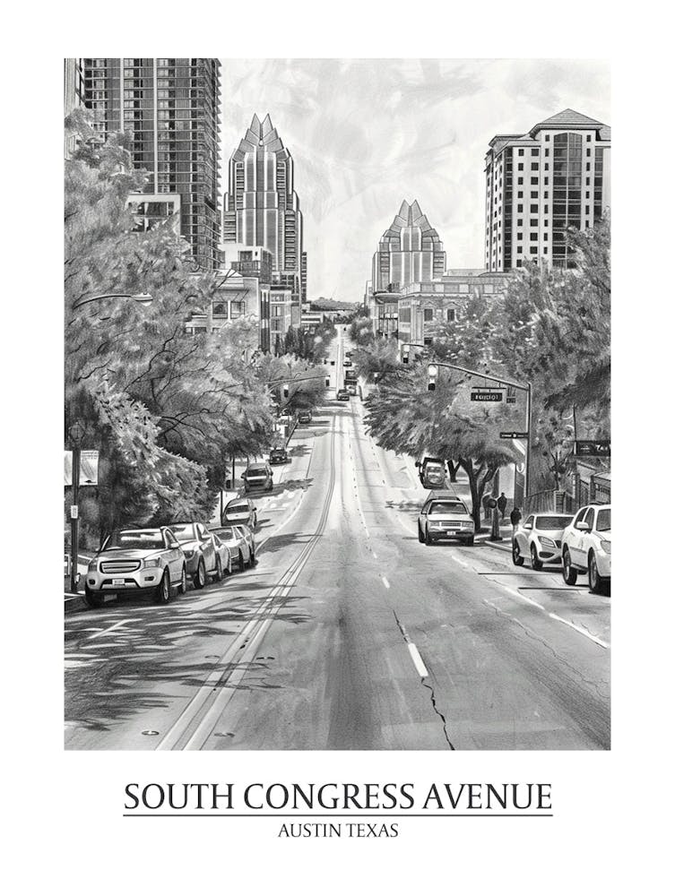 South Congress Avenue Austin Texas Black And White Drawing 4 Poster