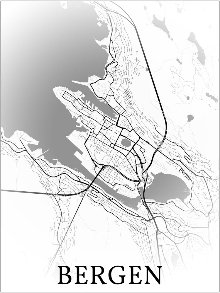 Bergen, Vestland, Norway, City Map, Black And White Fade Design