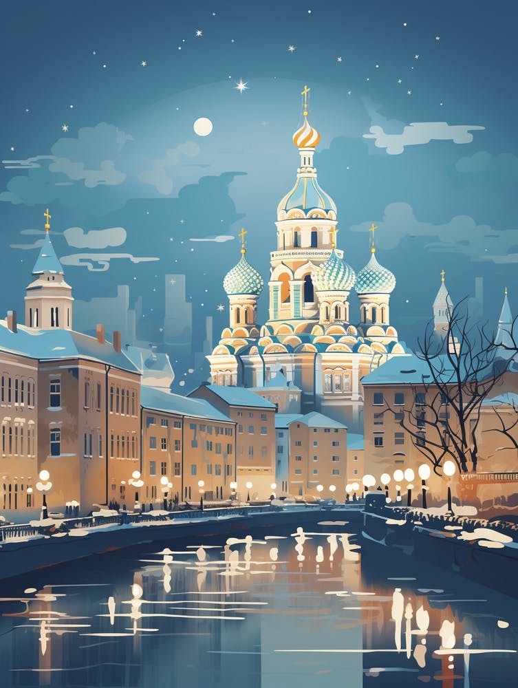 Winter Travel Night Illustration St Petersburg Russia 2