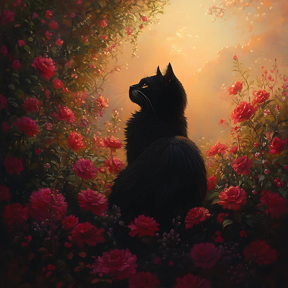 Black Cat in a Floral Sunset Garden