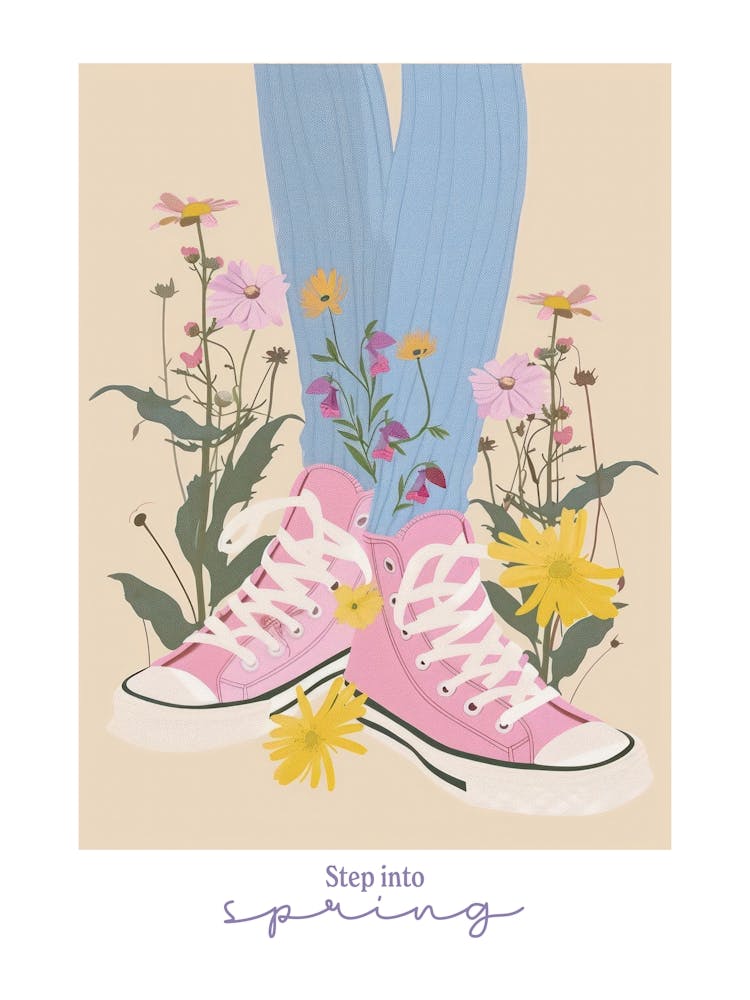 Schritt in den Frühling Illustration Pinke Turnschuhe und Blumen 7