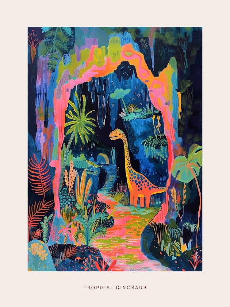 Colourful Dinosaur Tropical Cave Painting Poster