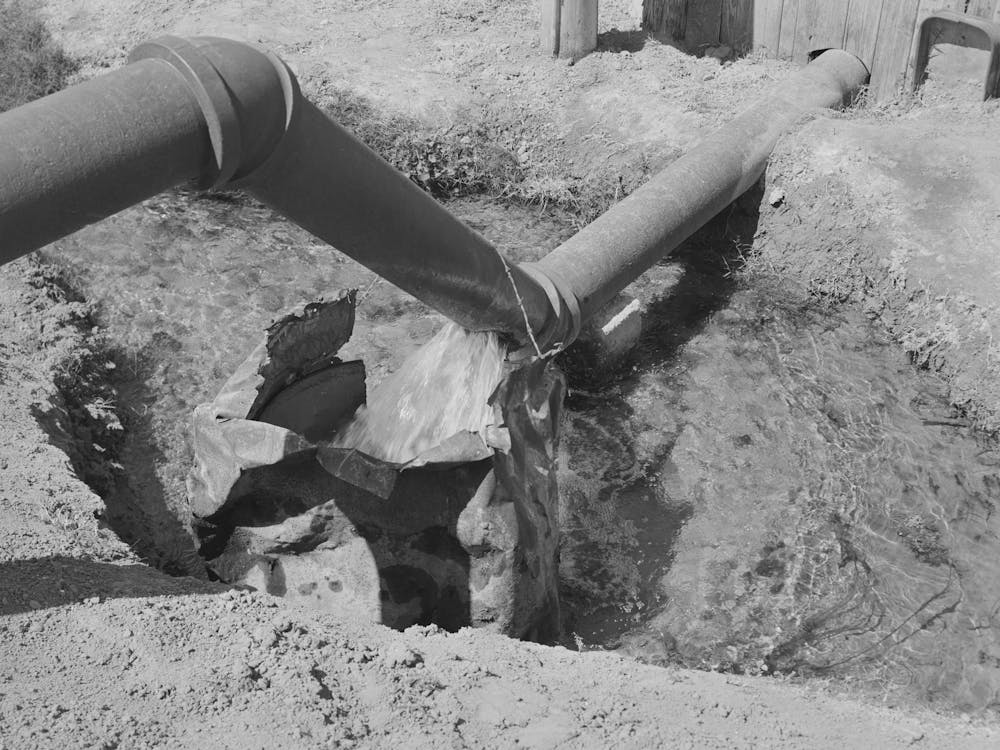 Water Running From Pipe Into Irrigation Ditch, La Pryor, Texas By Russell Lee