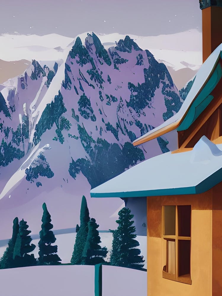 Snowy Snow Capped Mountains Chalet Ski Lodge