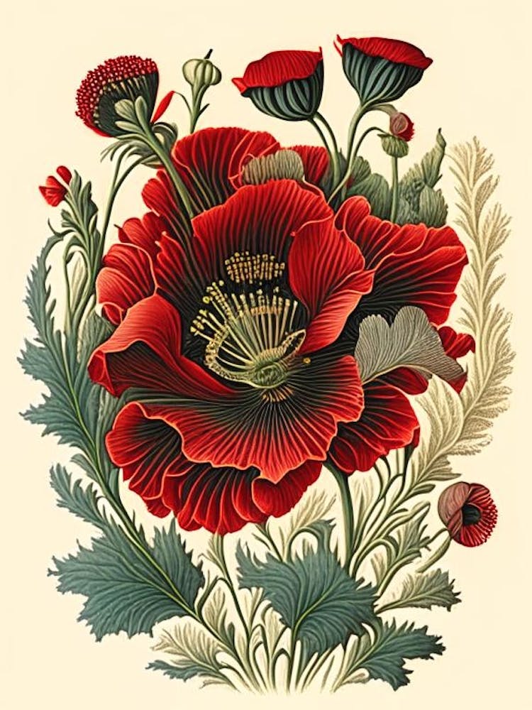 Poppy 3 Floral Botanical Vintage Poster Flower