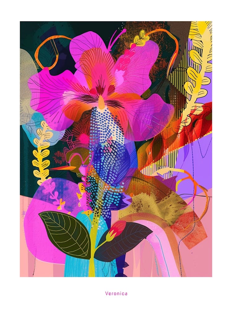 Veronica 1 Neon Flower Collage Poster