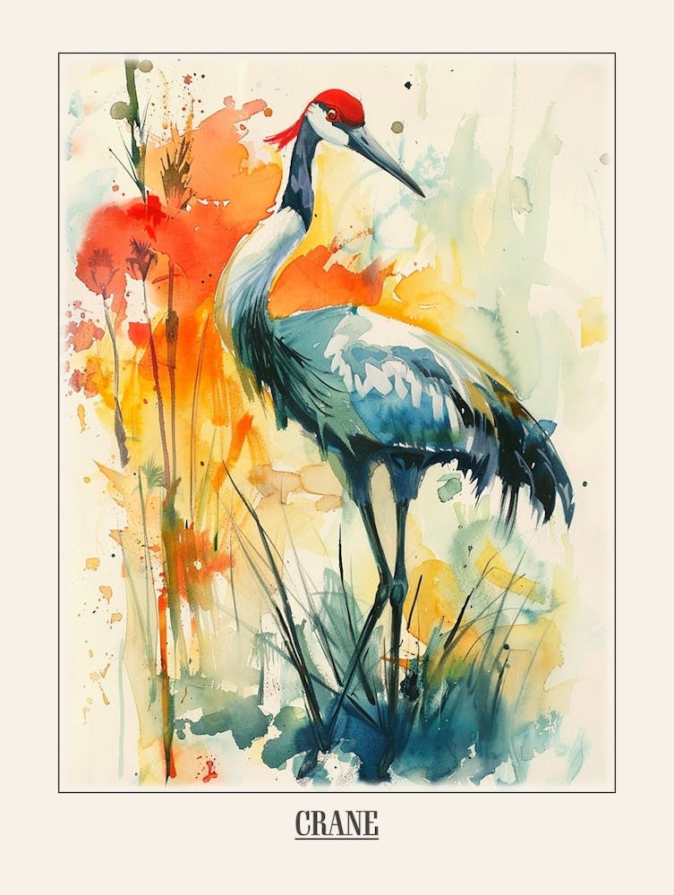 Crane Colourful Watercolour 3 Poster