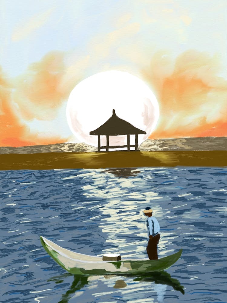 Moon Night On Beach In the Ocean With Boat