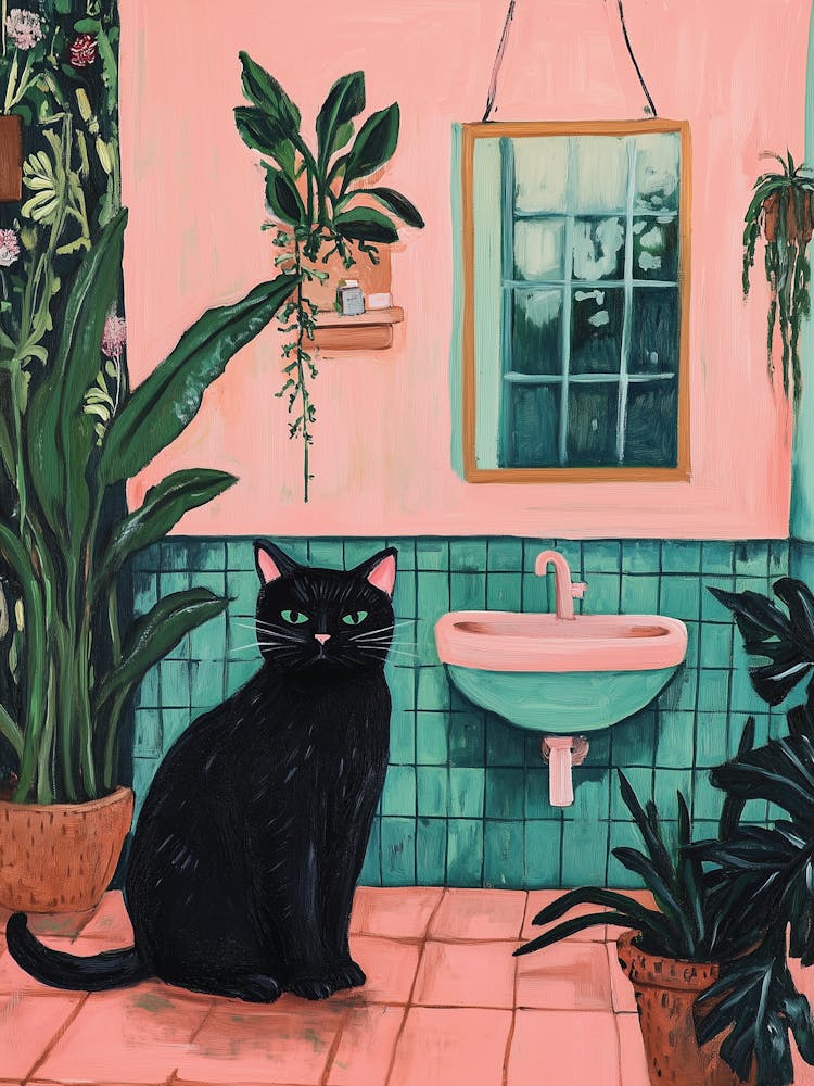 Black Cat In Pastel Bathroom