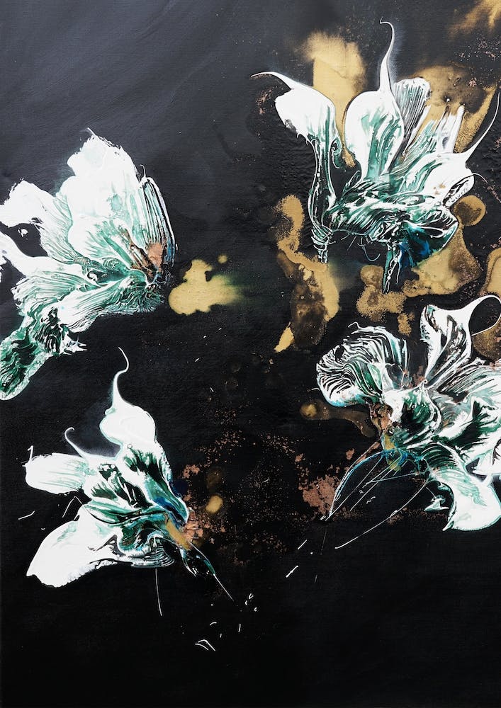White And Green Flowers Black Background Painting