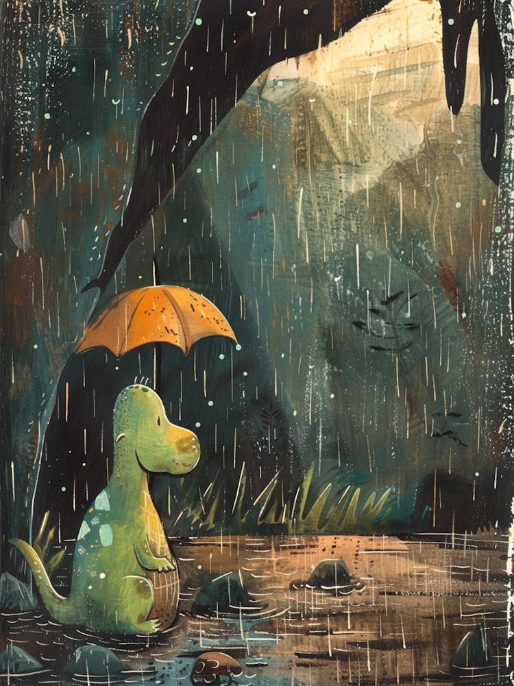 Dinosaur Sheltering From The Rain Storybook Style 1