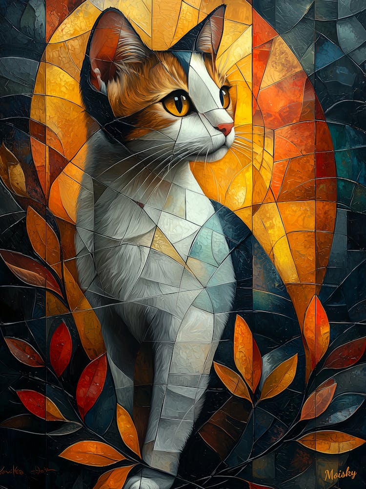 Cat In Autumn, Cubism in Stained Glass Style
