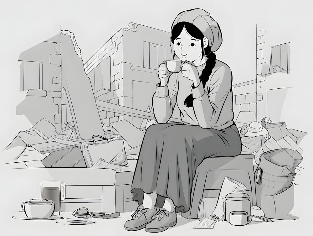 Resilience and Peace - Black and White Woman in Rubble