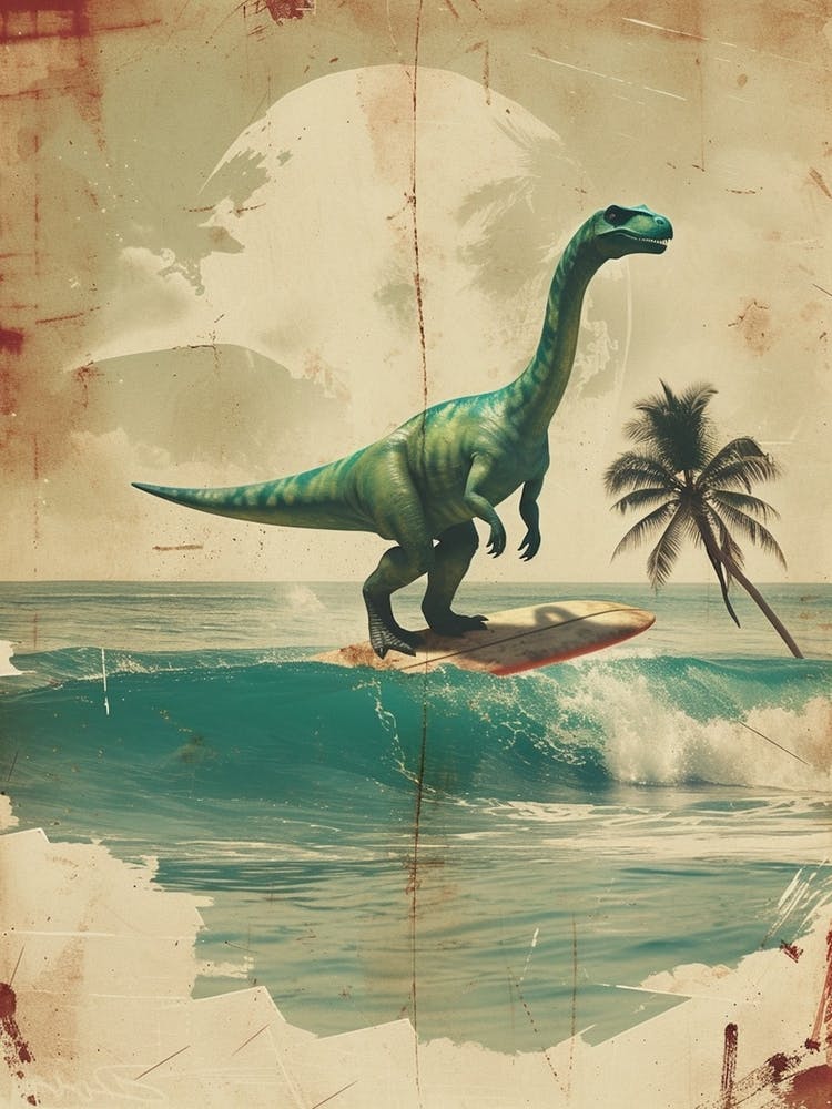 Dinosaure Brontosaure Vintage Sur Une Planche de Surf 1
