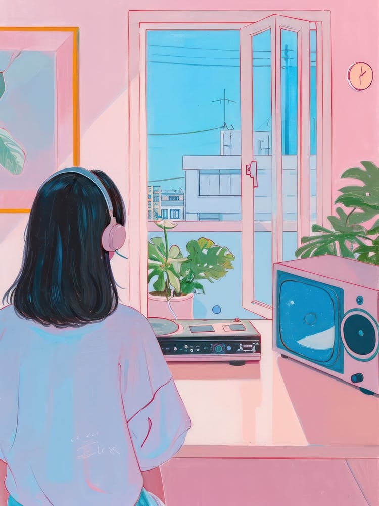 Fille Écoutant de la Musique Illustration Lo Fi Kawaii 1