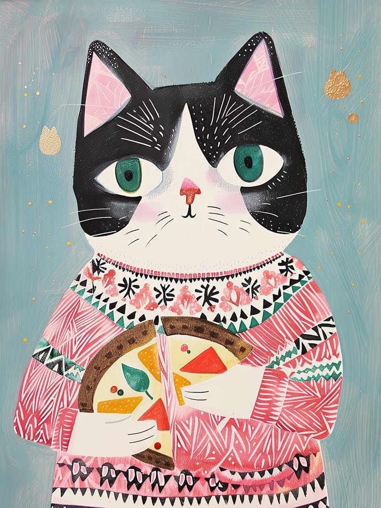 Fröhliche schwarz-weiße Katze isst Pizza Folk Illustration 2
