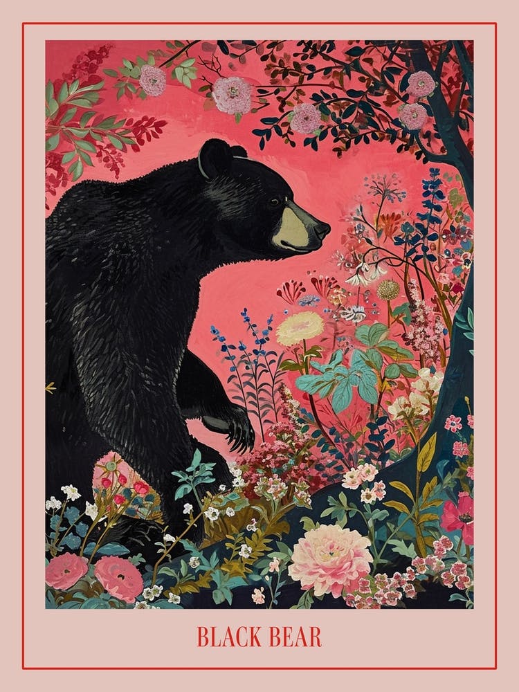 Floral Animal Painting Black Bear 2 Poster