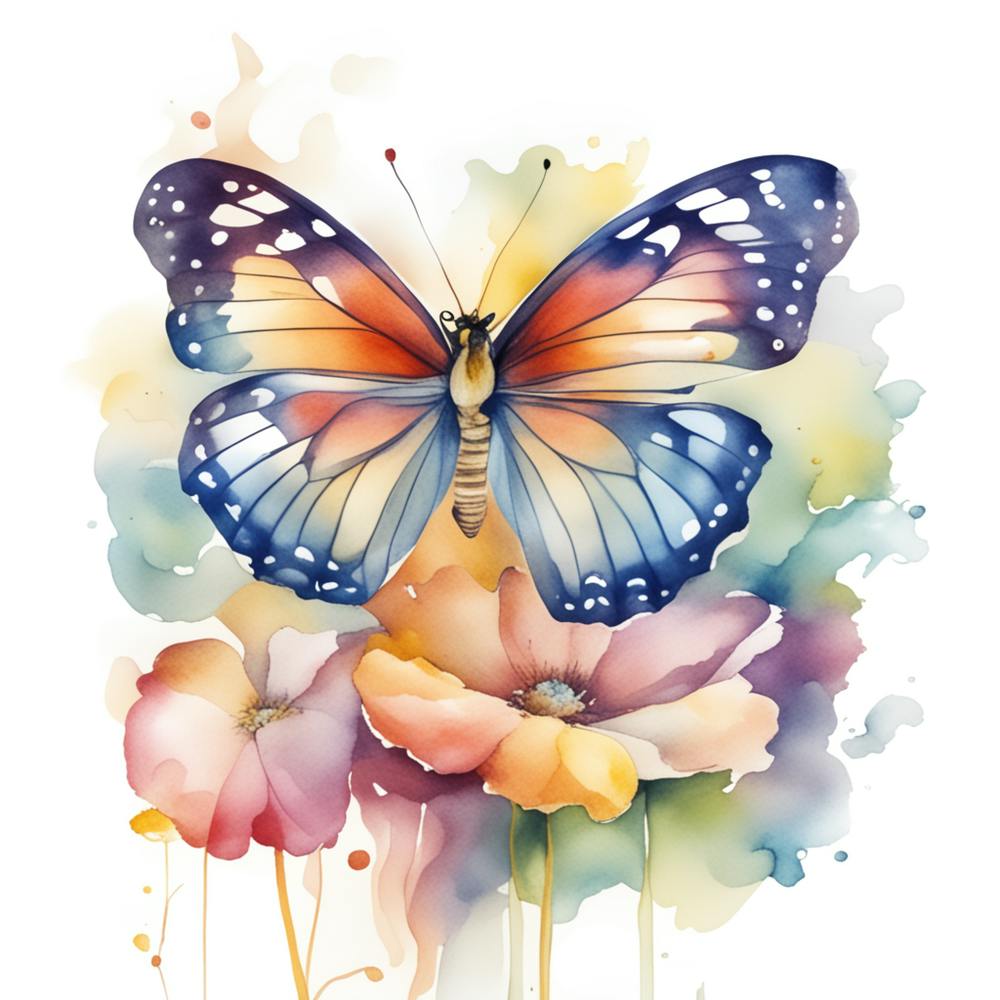 Butterfly  On Petals Watercolor 
